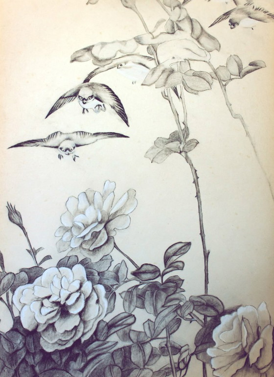 Image 1 of Vintage Japanese-inspired drawing. Vintage drawing. Drawing of flowers and birds. Japanese drawing. Antique drawing.