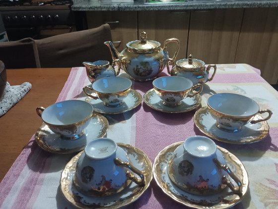 Image 1 of Vintage Bavaria Tea Service - 24K Gold Porcelain and Galanti Scenes, 15-Piece Set.