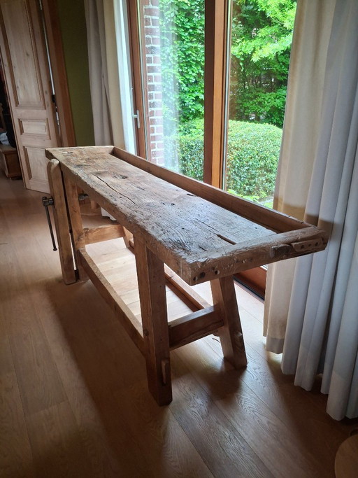 Mooie Gerestaureerde Antieke Werkbank – consoles, Metal, Wood