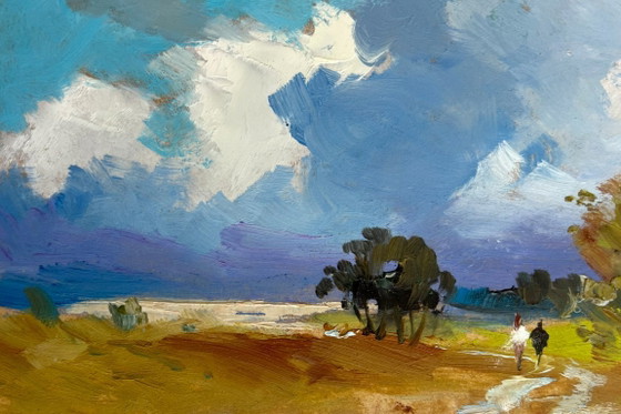 Image 1 of Original Oil Painting Summer Field Landscape Walking through a summer field