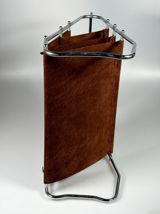 Image 1 of 1960s/70s Newspaper Holder/Magazine Stand, Metal/Leather, Mid-Century Design
