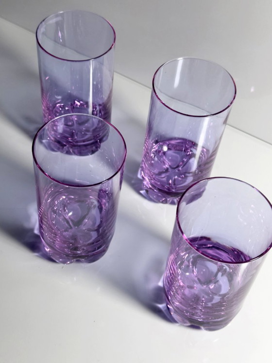 Image 1 of 4 Vintage Drinking Glasses Alexandrite Glass Tumbler Gin Tonic Long Drink Neodymium Italy 70s Crystal Brutalist Pink