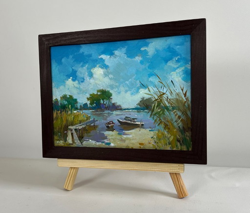 Origineel olieverfschilderij: Zomers rivierlandschap na een lange dag in de natuur.