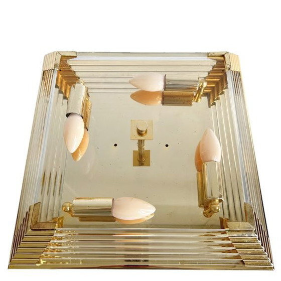 Image 1 of Lámpara de araña cuadrada de mediados de siglo, de cristal y latón, estilo Hollywood Regency, década de 1970