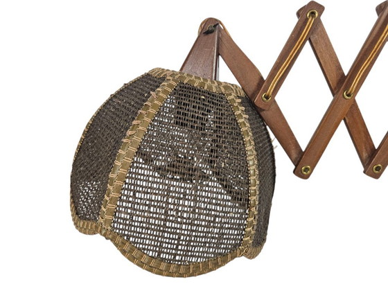 Image 1 of Schaarlamp | Harmonicalamp | wandlamp | vintage | eiken | varkensblaas | 70's |