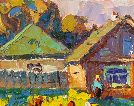 Image 1 of Original Oil Painting Evening Village Landscape Returning home