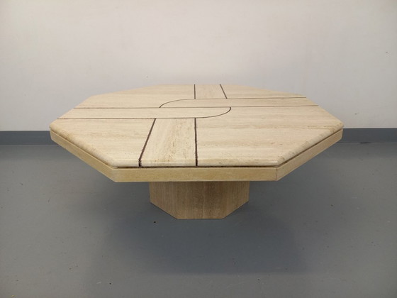 Image 1 of Vintage octagonal travertine coffee table with geometric pattern from the 70s and 80s