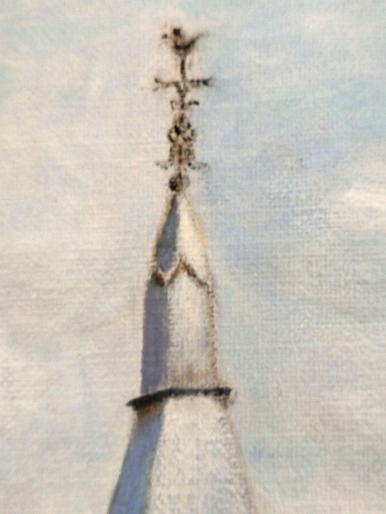 Painting Church Rural Landscape - L. Laffut (Belgian Art), Wood, Canvas, Blue (photo 9 of 11)