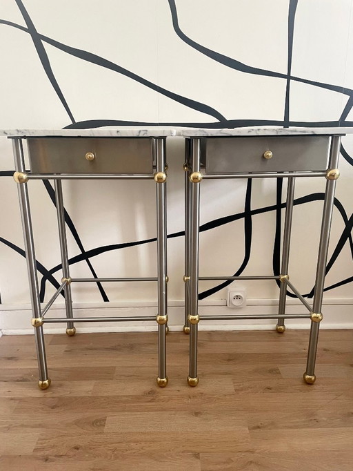 Set de 2 tables d'appoint en marbre et laiton - Vintage chic