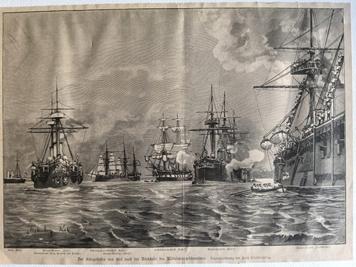 Grabado antiguo - Puerto de Kiel (ca. 1890) con marco