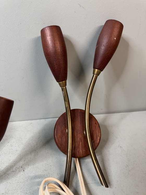 Set of 3 Vintage Mid Century Danish Design Wooden Wall lights – Brass (photo 11 of 11)