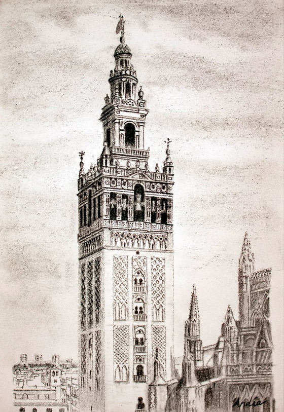Image 1 of Charcoal drawing of the Giralda of Seville. Giralda of Seville, Spain. Seville Giralda drawing. New.