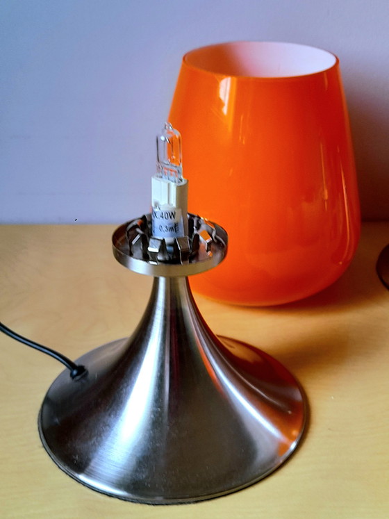 Image 1 of Pair of space age lamps in orange opaline glass and chrome-plated metal