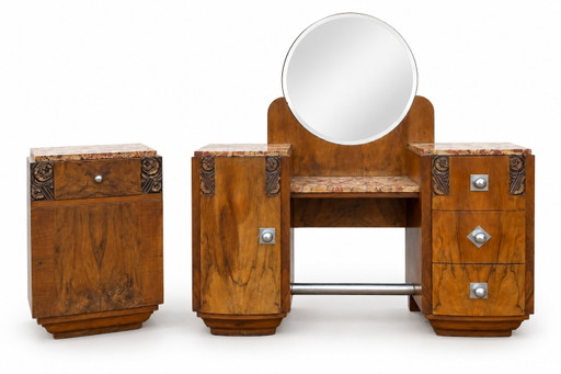 Art Deco Kaptafelset 1930 van Notenhout met Marmeren Blad en Nachtkastje