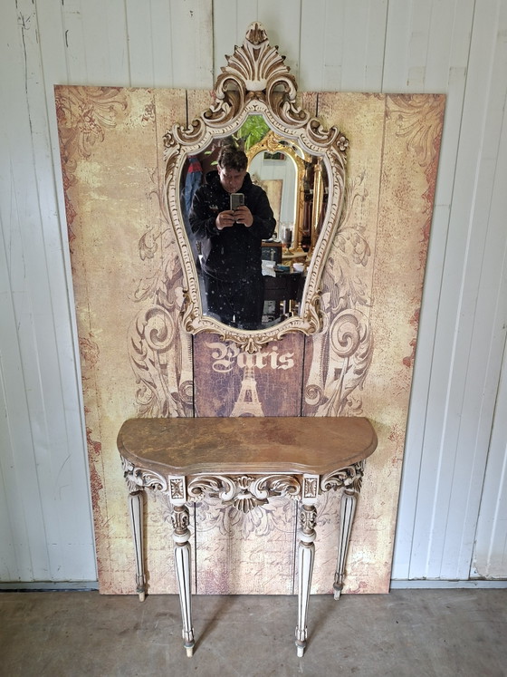 Image 1 of Antieke barok wandconsole, sidetable. haltafel met spiegel afm: 87x34m en 76cm hoog.

afm. spiegel 55x95cm 