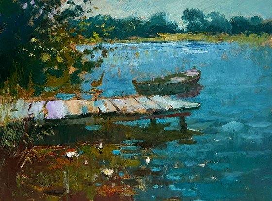 Image 1 of Original Oil Painting Summer River Landscape Good fishing holiday