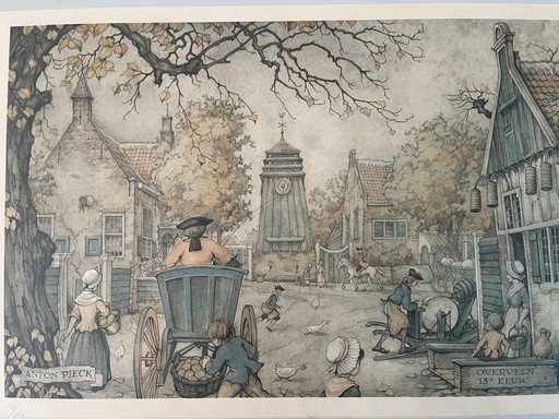 Framed etching by Anton Pieck