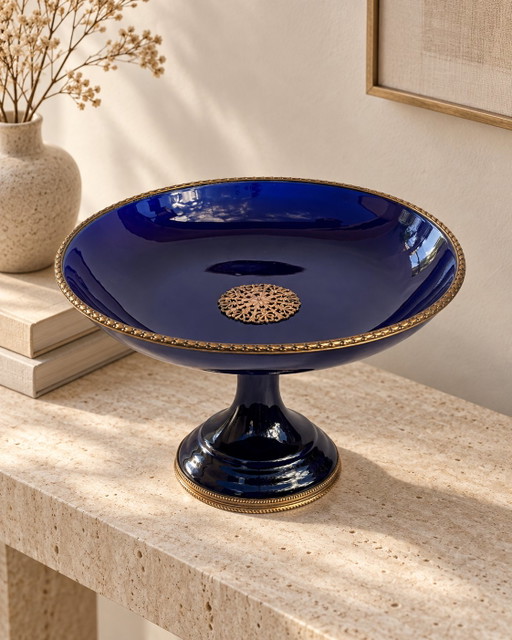 Tazza in Porcellana Blu Cobalto Stile Sèvres, Metallo Dorato, Fine XIX Secolo