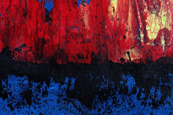 Image 1 of Contemporary abstract artwork in blue, red,black, yelow on stretched canvas