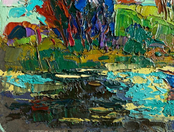Image 1 of Original Oil Painting Summer Coastal Landscape Relaxation on the river