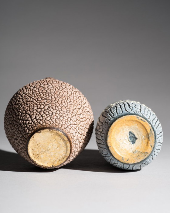 Image 1 of ALBERT KIESSLING "SNAKESKIN" Vase DUO East German Pottery REDUKTIONSGLASUR GDR