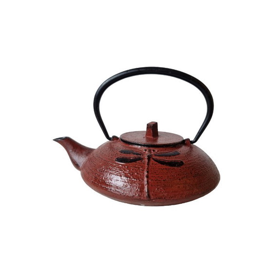Image 1 of Gietijzeren geëmailleerde theepot met libelle, 21e eeuw