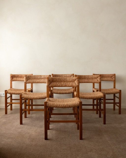 Sillas de comedor francesas Mid-Century de madera y junco, años 60, juego de 6