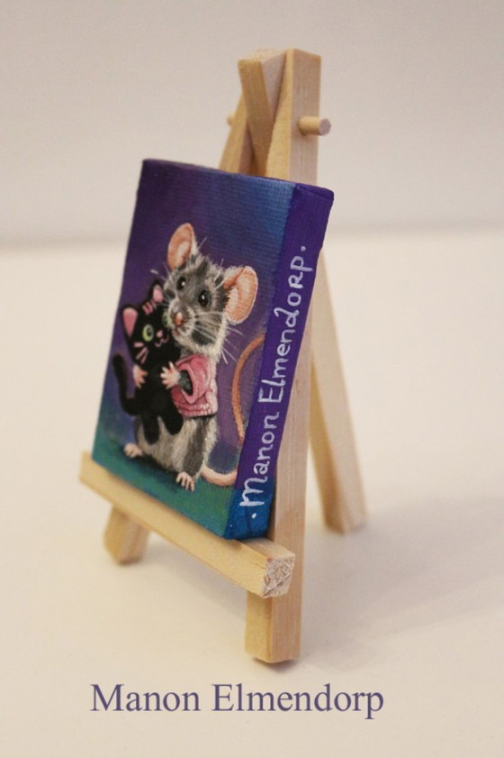 Image 1 of Unique Hand-Painted Little Mouse Painting with Cat Plush Toy
