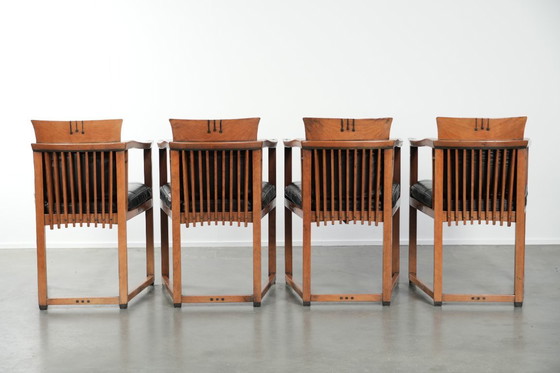 Image 1 of Ensemble de 4 chaises de salle à manger de luxe en cuir noir, design Art déco, par Schuitema