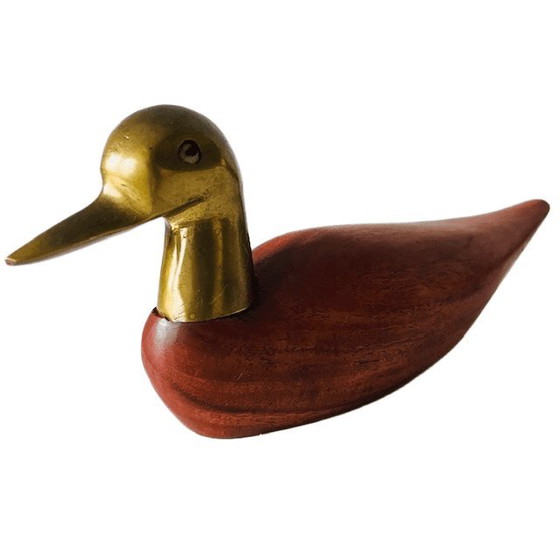 Image 1 of Vintage mid-century brass wooden duck figurine Hollywood Regency 1970s