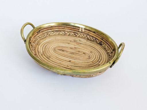 Handgemaakte vintage ovale dienblad van rotan en messing, in de stijl van Gabriella Crespi, Italië, jaren 70.