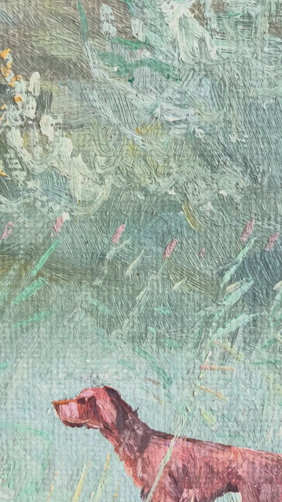 Image 1 of Grande peinture à l'huile originale vintage représentant un paysage avec un chien