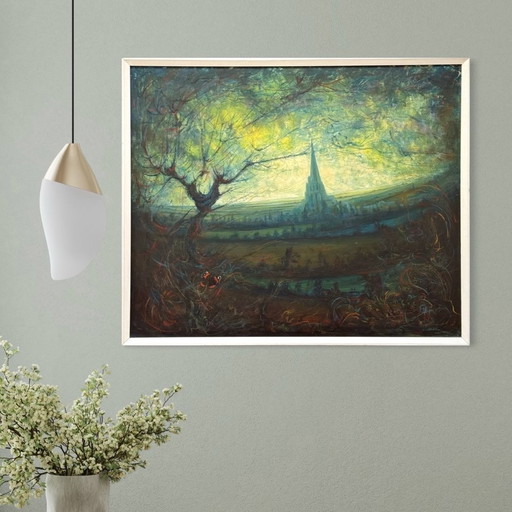 Ben Genaux (1911–1996, Belgien) – Surrealistische Landschaft mit Turm und Schmetterling, Öl auf Holz