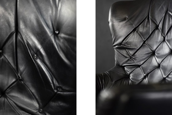 Image 1 of Vintage Mid Century Deense Moderne Gequilte Zwart Leren Wing Stoel, 1960