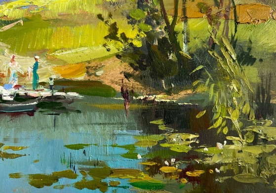 Image 1 of Original Oil Painting Summer Lake Landscape Take a swim in a summer lake