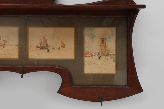 Image 1 of Art Nouveau Wall-Mounted Coat Rack with Framed Watercolors by Cassier, Belgium, 1905