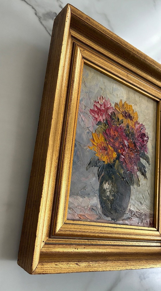 Image 1 of Antique oil painting, still life, bouquet of dahlias