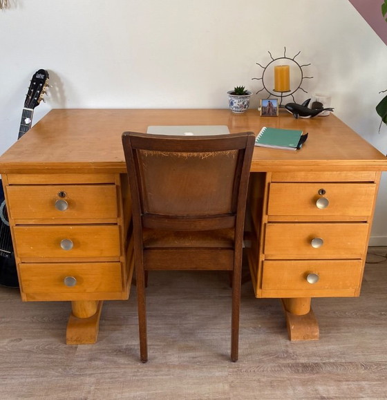 Bureau, lichtbruin hout, Metaal, Vintage (foto 3 van 5)