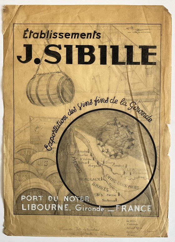 Image 1 of Original French Wine Advertising Artwork by Henri Lemonnier, 1950s