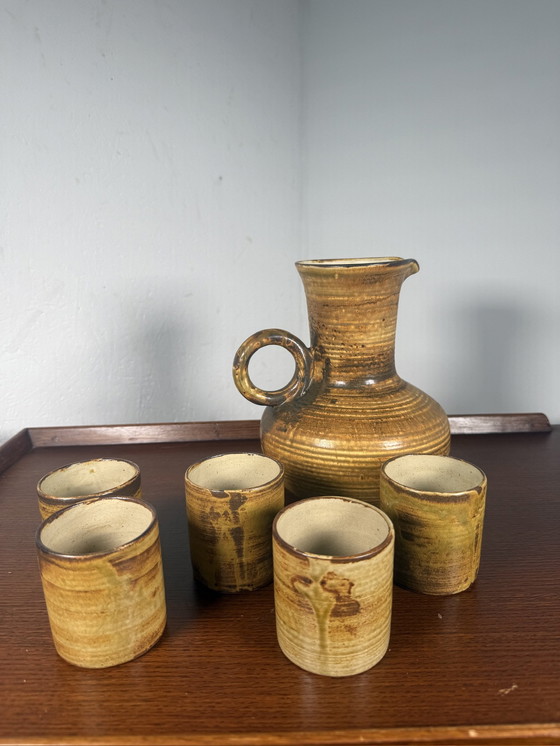 Image 1 of Aardewerk Brutalist Water of Wijnkaraf met Bekers Vintage