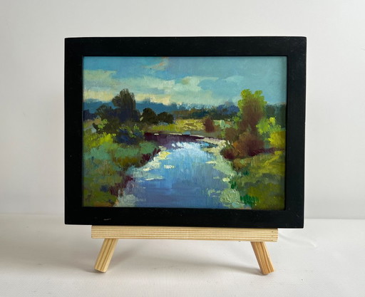 Original Oil Painting Summer River Landscape Sunset clouds over the river