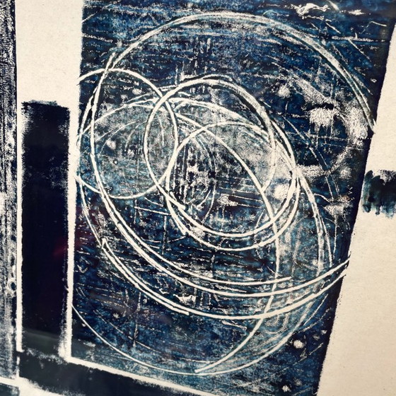 Image 1 of Abstrakter Druck in Burgunderrot und Blau, Mid-Century Modern, signiert