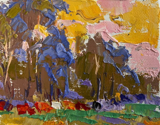 Image 1 of Original Oil Painting Evening Field Landscape Summer meadows and forest