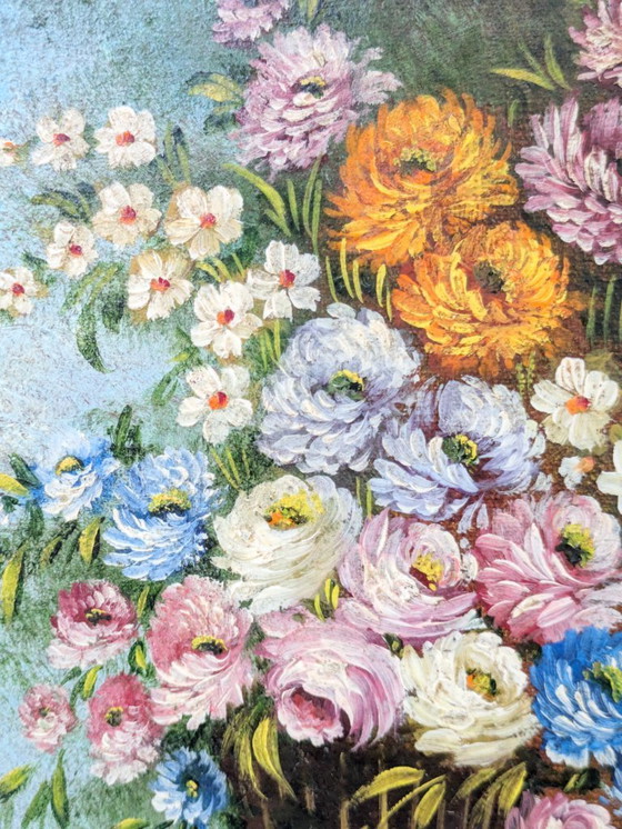 Image 1 of Peinture à l'huile florale ancienne sur toile dans un cadre doré orné, signée par l'artiste