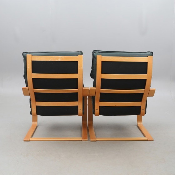 Image 1 of Noboru Nakamura for IKEA — Pair of “Points” Armchairs — Birch & Leather Upholstery — Contemporary — H 94 cm (37.0 inches).  ￼