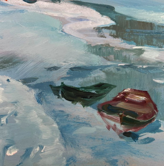 Image 1 of Original Oil Painting Snow Field Landscape Frozen winter river