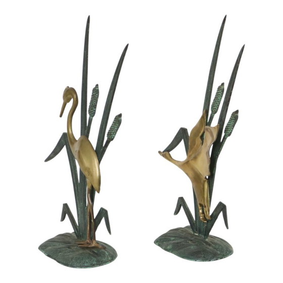 Statuette di metà secolo raffiguranti un airone e un'anatra, in ottone e metallo verde, 35 cm. – Sculture (photo 6 of 13)