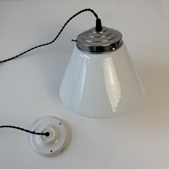 Image 1 of Antique Art-Deco Vintage Opaline Hanging Lamp