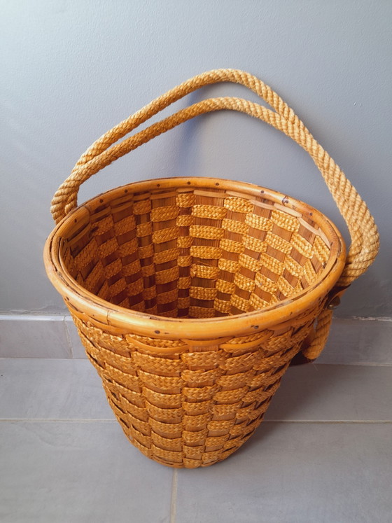 Image 1 of Hanging rattan and rope plant pot, 1960s