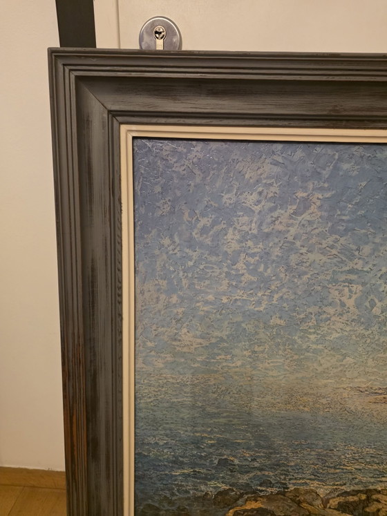 Paesaggio costiero mediterraneo suggestivo, J. Keustermans (1967), Arte, Legno, Tela, Blu (foto 5 di 15)